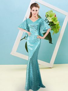 Hot Selling Aqua Blue Mermaid Sequins Prom Gown Zipper Sequined Half Sleeves Floor Length