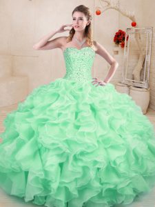 Simple Apple Green Sleeveless Floor Length Beading and Ruffles Lace Up 15 Quinceanera Dress
