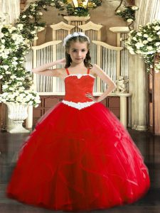  Red Straps Neckline Appliques and Ruffles Girls Pageant Dresses Sleeveless Lace Up