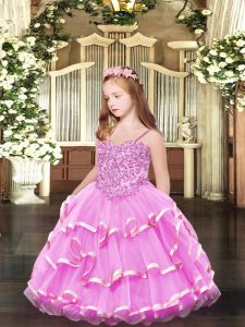 Inexpensive Spaghetti Straps Sleeveless Little Girls Pageant Dress Wholesale Floor Length Appliques and Ruffled Layers Rose Pink Organza