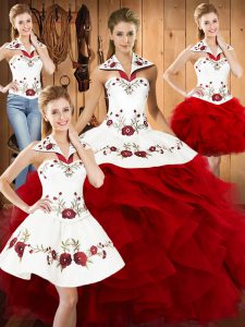  Wine Red Quinceanera Gown Military Ball and Sweet 16 and Quinceanera with Embroidery and Ruffles Halter Top Sleeveless Lace Up