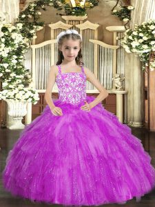 Custom Made Sleeveless Organza Floor Length Lace Up Kids Pageant Dress in Lilac with Beading and Ruffles