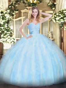 Hot Selling Floor Length Lace Up Ball Gown Prom Dress Light Blue for Military Ball and Sweet 16 and Quinceanera with Beading and Ruffles