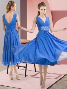  Sleeveless Knee Length Beading Side Zipper Court Dresses for Sweet 16 with Baby Blue