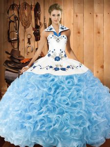  Ball Gowns Vestidos de Quinceanera Baby Blue Halter Top Fabric With Rolling Flowers Sleeveless Floor Length Lace Up