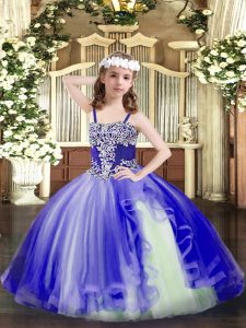  Sleeveless Tulle Floor Length Lace Up Little Girl Pageant Dress in Blue with Appliques