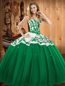Free and Easy Dark Green Ball Gowns Satin and Tulle Sweetheart Sleeveless Embroidery Floor Length Lace Up 15 Quinceanera Dress