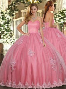 Charming Watermelon Red Ball Gowns Beading and Appliques Quinceanera Gowns Lace Up Tulle Sleeveless Floor Length