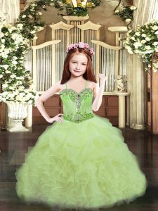High Quality Yellow Green Ball Gowns Spaghetti Straps Sleeveless Organza Floor Length Lace Up Beading and Ruffles and Pick Ups Party Dresses