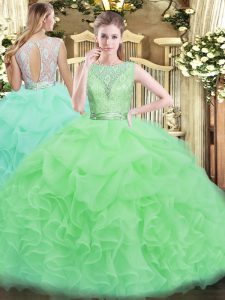 Chic Backless Scoop Lace and Ruffles Quince Ball Gowns Organza Sleeveless