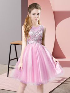 Free and Easy A-line Prom Dress Rose Pink Scoop Tulle Sleeveless Knee Length Zipper