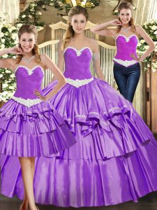  Eggplant Purple Sleeveless Floor Length Appliques and Ruffled Layers Lace Up Quinceanera Dresses