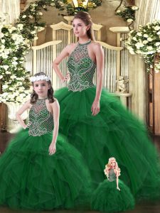 Great Floor Length Dark Green Vestidos de Quinceanera Halter Top Sleeveless Lace Up