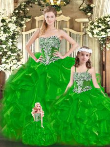 Flirting Floor Length Lace Up Vestidos de Quinceanera Green for Military Ball and Sweet 16 and Quinceanera with Beading and Ruffles