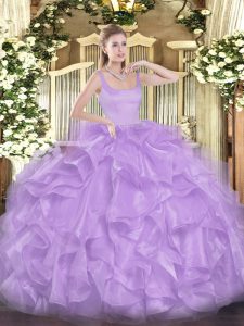 Custom Fit Lavender Ball Gowns Beading and Ruffles Quinceanera Gown Zipper Organza Sleeveless Floor Length