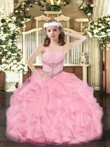  Sleeveless Organza Floor Length Zipper Little Girl Pageant Dress in Rose Pink with Beading and Ruffles