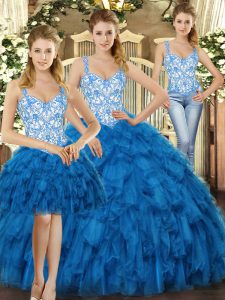 Flare Blue Three Pieces Beading and Ruffles Quinceanera Gown Lace Up Organza Sleeveless Floor Length