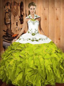 Captivating Ball Gowns Sweet 16 Dress Olive Green Halter Top Satin and Organza Sleeveless Floor Length Lace Up