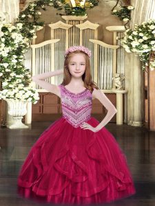 Stylish Floor Length Ball Gowns Sleeveless Hot Pink Little Girl Pageant Dress Lace Up