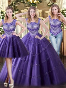 Romantic Purple Lace Up Scoop Beading Sweet 16 Dress Tulle Sleeveless