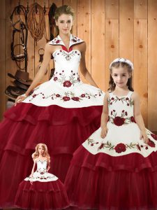  Embroidery and Ruffled Layers Quinceanera Dresses Wine Red Lace Up Sleeveless Brush Train