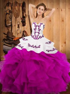 New Arrival Fuchsia Satin and Organza Lace Up Vestidos de Quinceanera Sleeveless Floor Length Embroidery and Ruffles