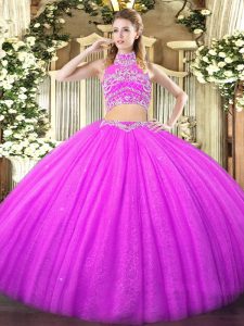  Lilac Two Pieces Beading Quinceanera Dresses Backless Tulle Sleeveless Floor Length