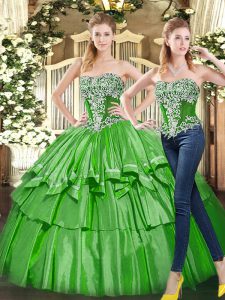 Wonderful Strapless Sleeveless Quince Ball Gowns Floor Length Beading and Ruffled Layers Green Tulle