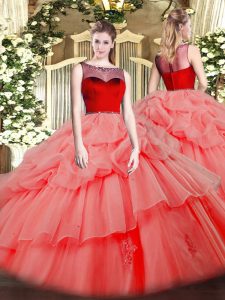  Watermelon Red Scoop Zipper Beading and Appliques Sweet 16 Dress Sleeveless