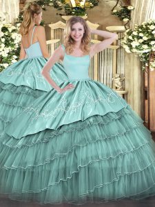  Blue Straps Neckline Embroidery and Ruffled Layers Quince Ball Gowns Sleeveless Zipper