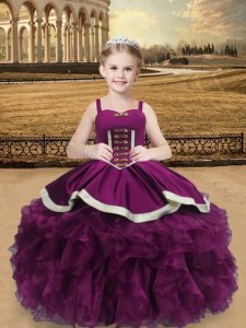 Enchanting Organza Straps Sleeveless Lace Up Beading and Ruffles Girls Pageant Dresses in Purple