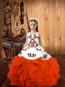 Lovely Straps Sleeveless Little Girls Pageant Dress Floor Length Embroidery Orange Red Organza
