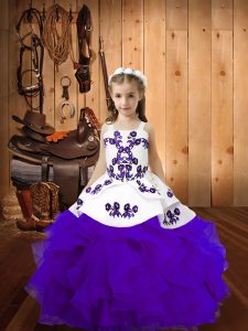 Charming Eggplant Purple Straps Neckline Embroidery and Ruffles Little Girls Pageant Gowns Sleeveless Lace Up