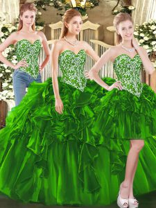Unique Dark Green Sweetheart Lace Up Beading and Ruffles 15 Quinceanera Dress Sleeveless