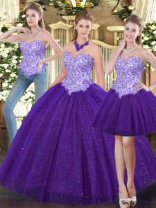  Sleeveless Floor Length Beading Lace Up Vestidos de Quinceanera with Purple