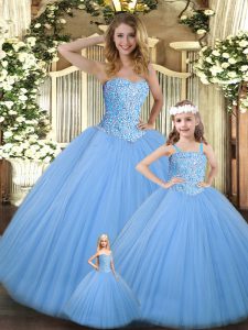 Attractive Sleeveless Tulle Floor Length Lace Up Ball Gown Prom Dress in Baby Blue with Beading