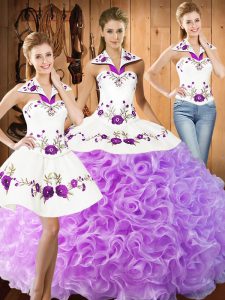Wonderful Lilac Halter Top Lace Up Embroidery Sweet 16 Dress Sleeveless