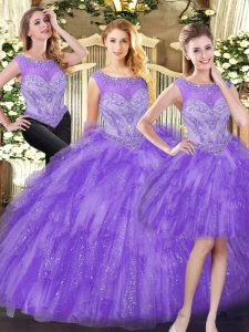 Best Eggplant Purple Three Pieces Organza Scoop Sleeveless Beading and Ruffles Floor Length Lace Up Ball Gown Prom Dress