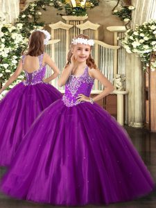  Sleeveless Floor Length Beading Lace Up Party Dress Wholesale with Purple