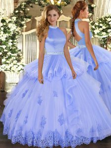 Adorable Lavender Ball Gowns Halter Top Sleeveless Tulle Floor Length Backless Beading and Appliques Quinceanera Gowns