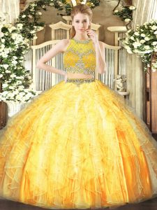 Colorful Sleeveless Tulle Floor Length Zipper Quinceanera Dress in Orange with Beading and Ruffles