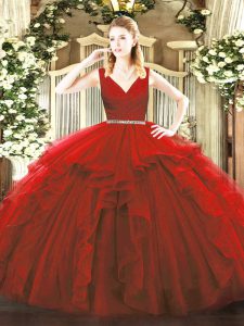  Tulle V-neck Sleeveless Zipper Beading and Ruffles Quinceanera Gown in Wine Red