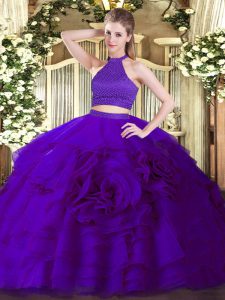 Shining Halter Top Sleeveless Backless Sweet 16 Quinceanera Dress Purple Tulle