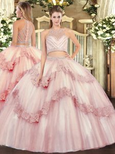 Edgy Baby Pink Two Pieces Tulle Scoop Sleeveless Beading and Appliques Floor Length Zipper Sweet 16 Dresses