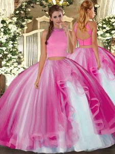  Hot Pink Halter Top Backless Beading and Ruffles 15th Birthday Dress Sleeveless