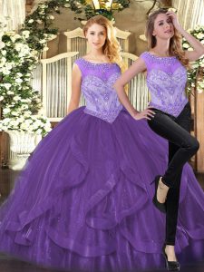  Purple Zipper 15th Birthday Dress Beading and Ruffles Sleeveless Floor Length