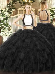 Adorable Black Tulle Backless Halter Top Sleeveless Floor Length Quince Ball Gowns Ruffles