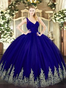 Edgy Purple Sleeveless Floor Length Beading and Lace and Appliques Backless 15 Quinceanera Dress
