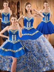 Colorful With Train Multi-color Quinceanera Gown Satin and Fabric With Rolling Flowers Sweep Train Sleeveless Embroidery