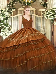 Traditional Brown Ball Gowns Satin and Tulle V-neck Sleeveless Beading and Embroidery and Ruffled Layers Floor Length Zipper Sweet 16 Dresses